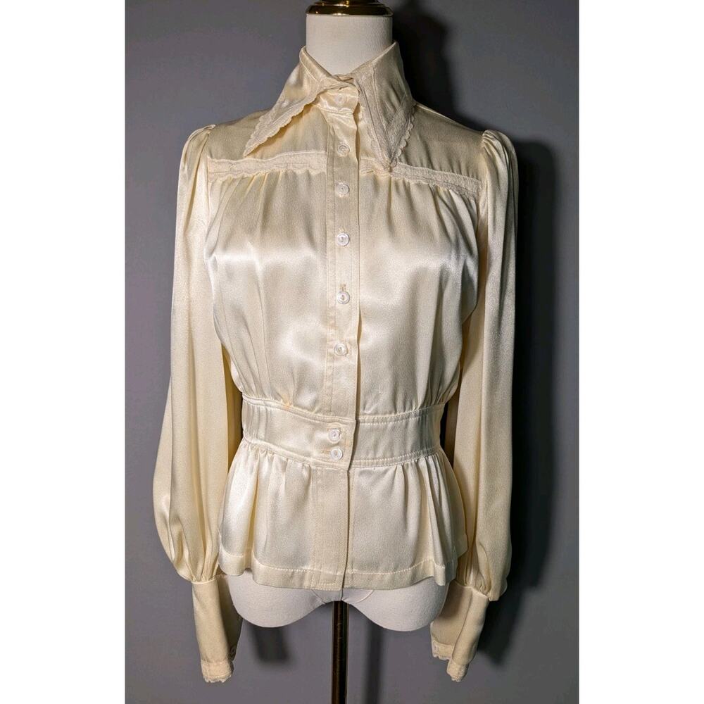 Vintage Ivory Satin Lace Trim Prairie Victorian Cottagecore Peplum Blouse S
